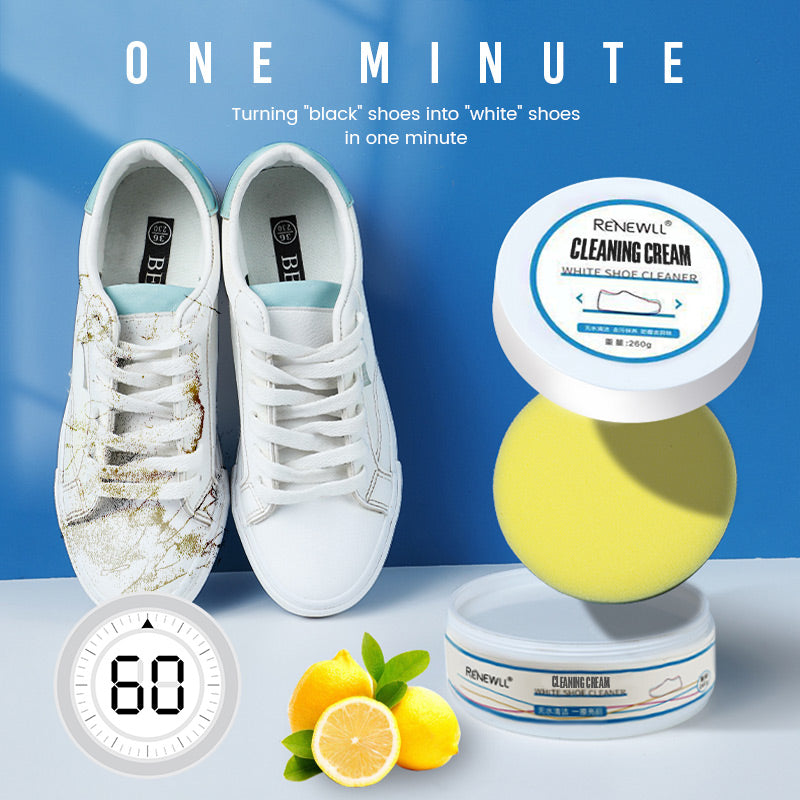 One-minute before-and-after white shoe cleaning comparison