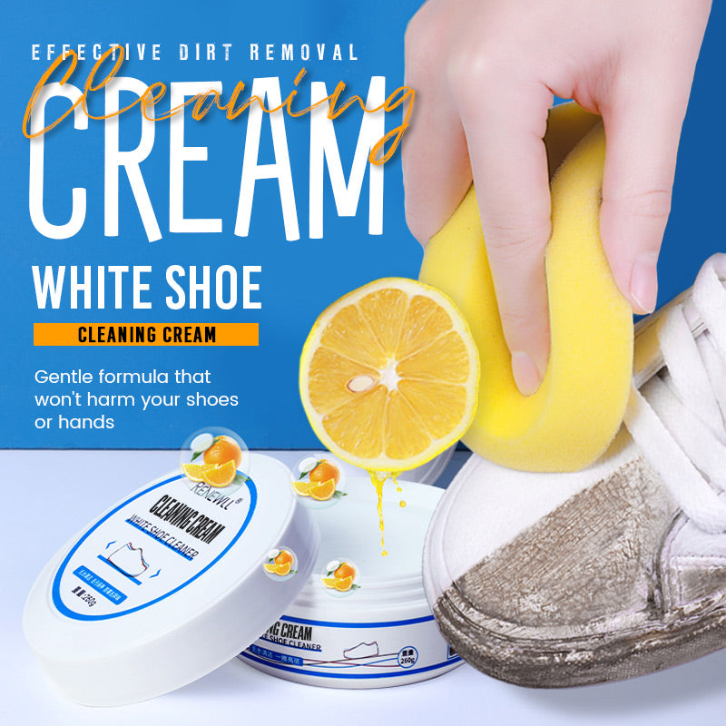 White shoe cleaning cream with sponge removing dirt from a white sneaker