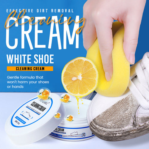 White shoe cleaning cream with sponge removing dirt from a white sneaker