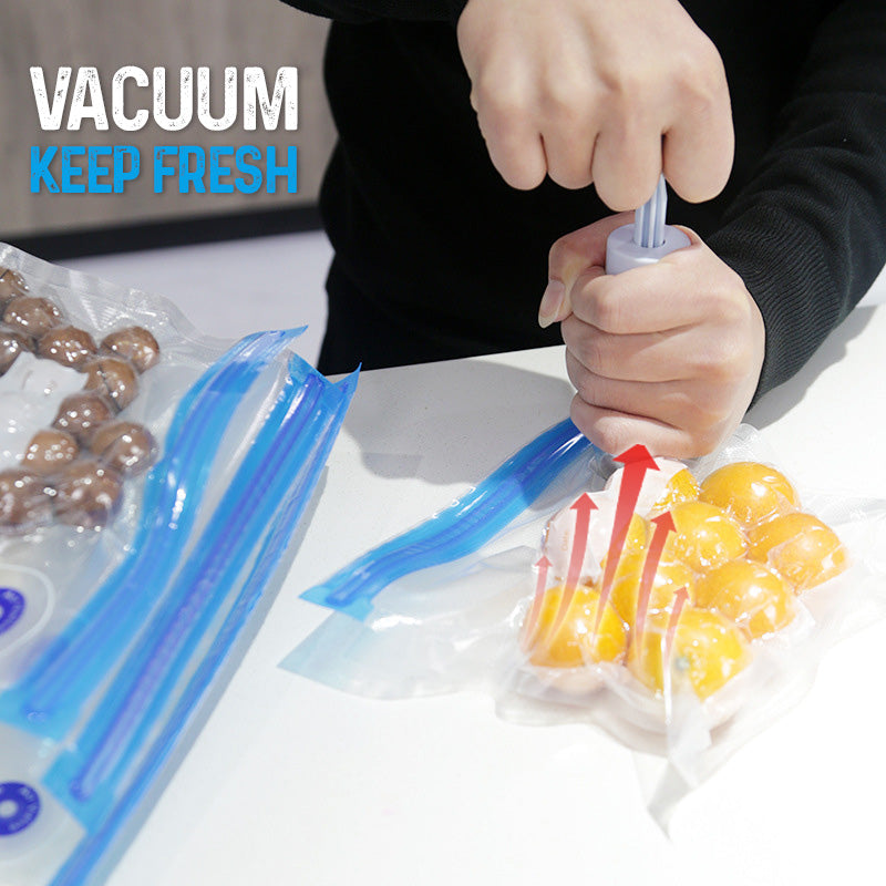 Hand pump removing air from a reusable vacuum bag