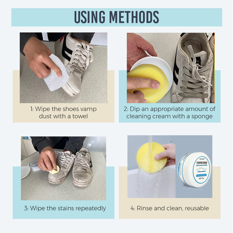 Four-step instructions for using white shoe cleaning cream