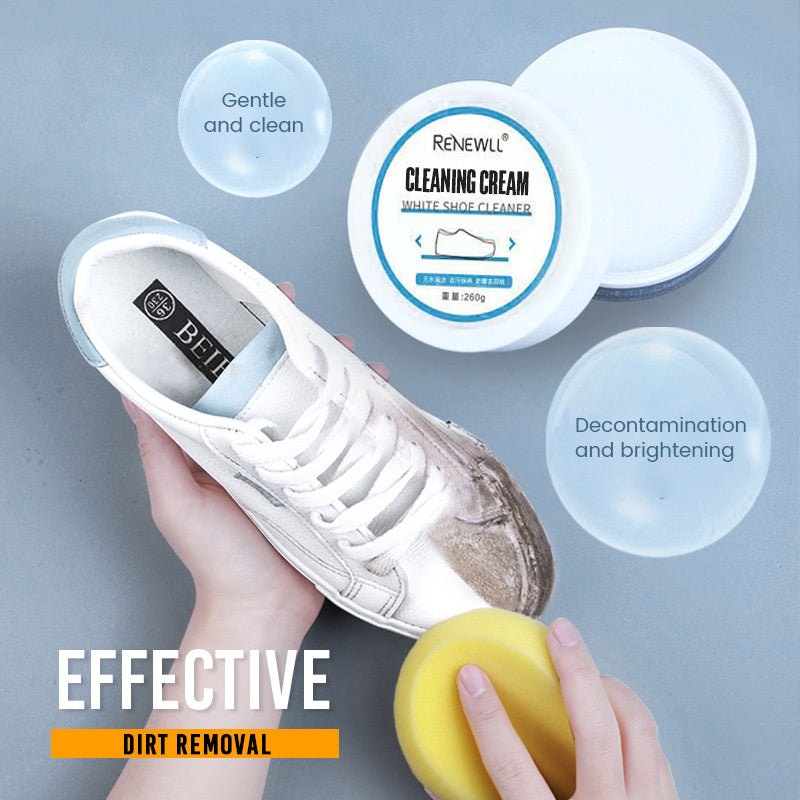 White sneaker being cleaned with cream and sponge