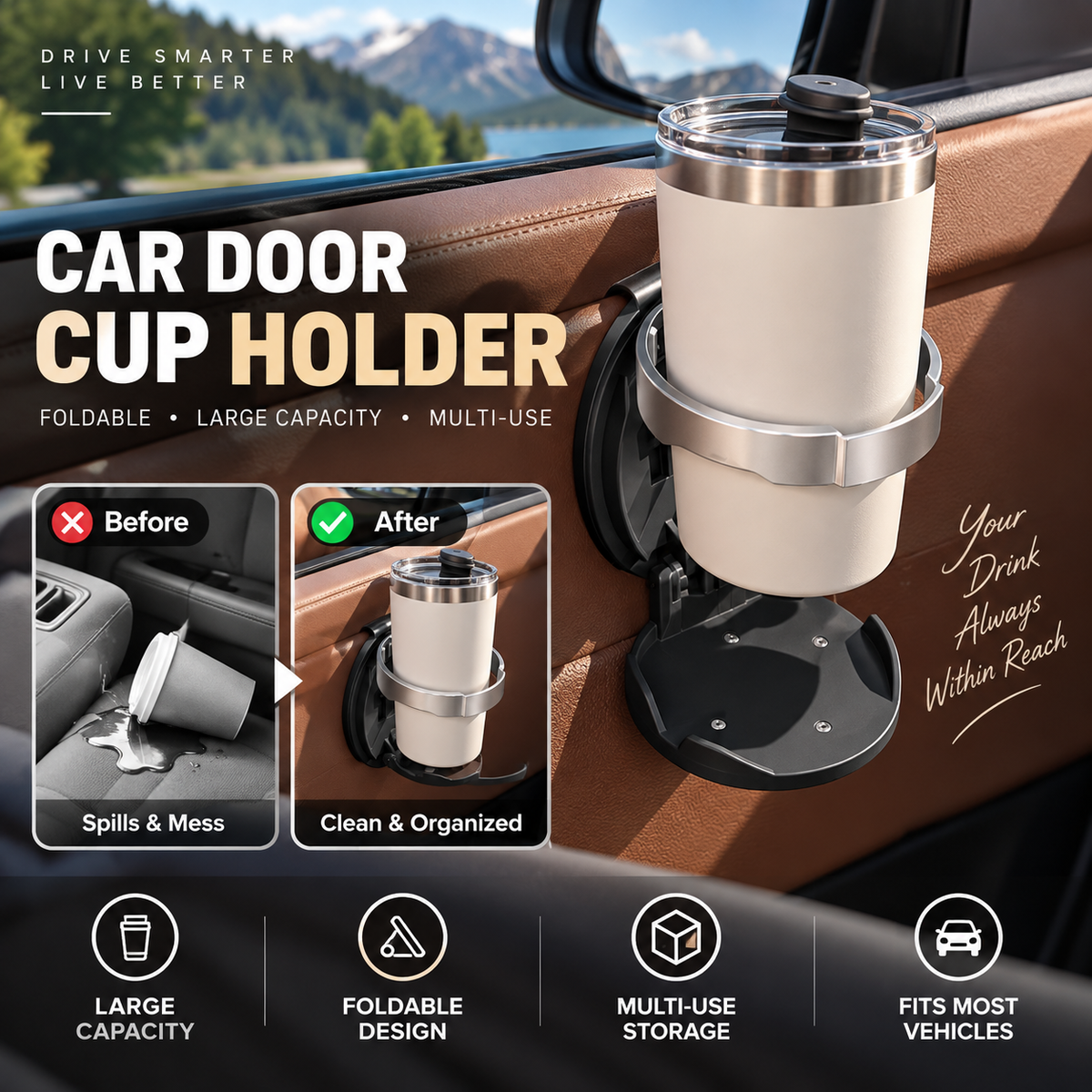 🚗 Foldable Car Door Cup Holder – Clip-On Interior Organizer ✨