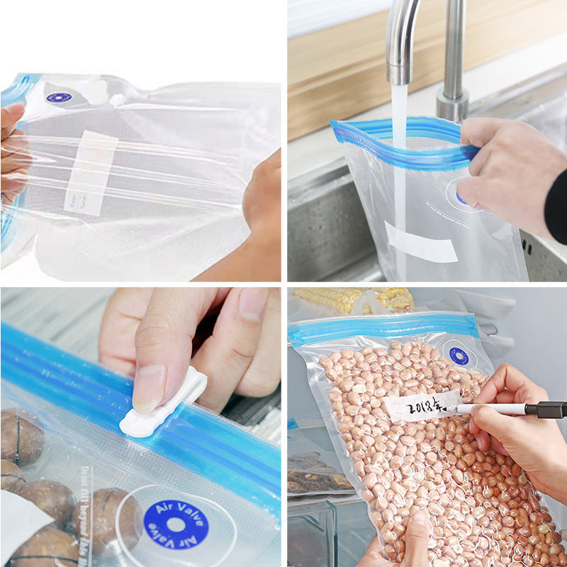 Reusable vacuum bags being cleaned and labeled